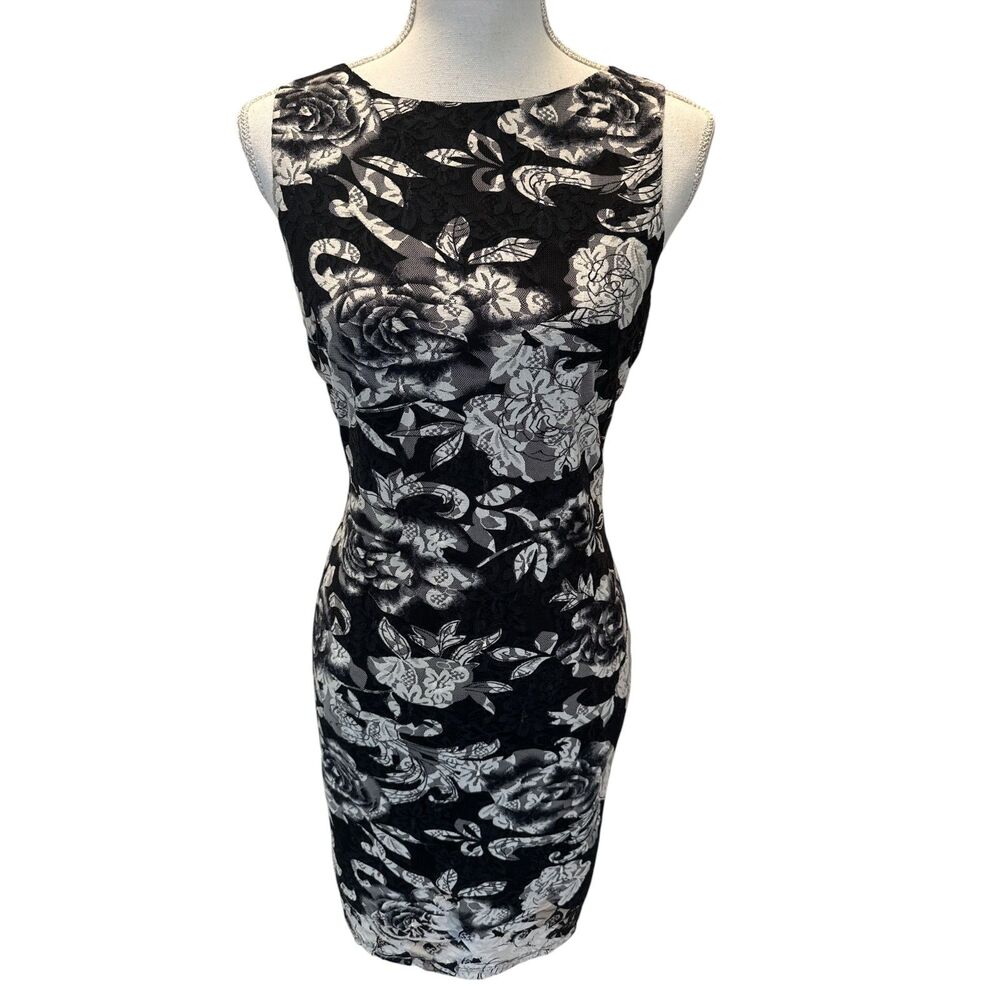 Alice + Olivia Black & White Floral Lace Sheath Dress Mesh Back Sz S EUC $395